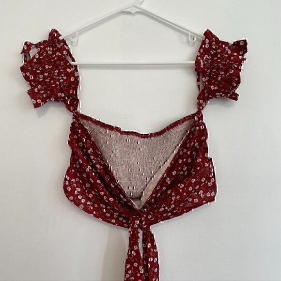 SHEIN? Rust Red White Floral Off the Shoulder Tie Bow Smocked Back Boho Crop Top - Picture 4 of 11